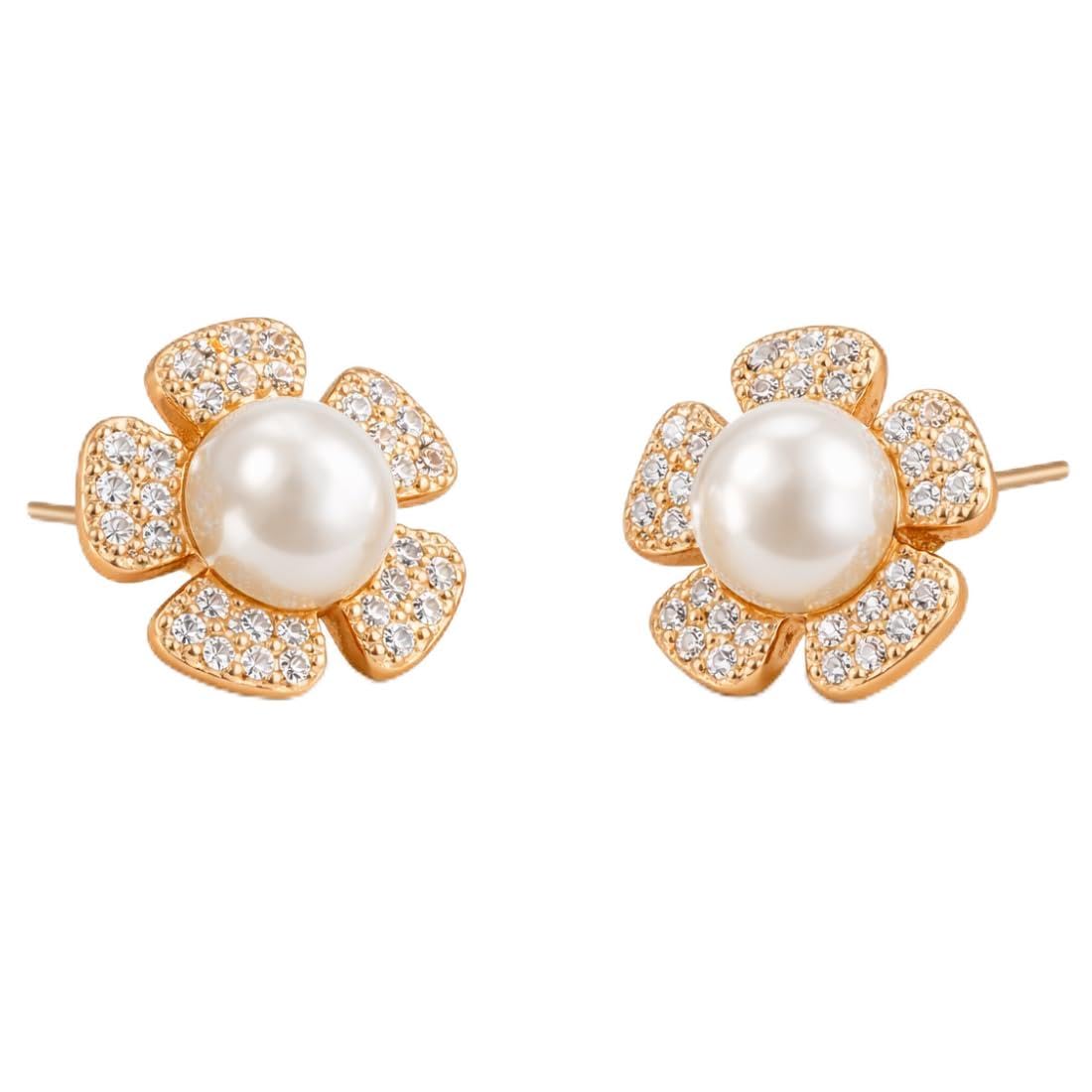 Rose Gold Plated Triangular Design Pearl Stud Earrings With American Diamond for Women And Girls | Gift For Her | Anti- Allergy |Anti-Tarnish | Office Wear-image-24