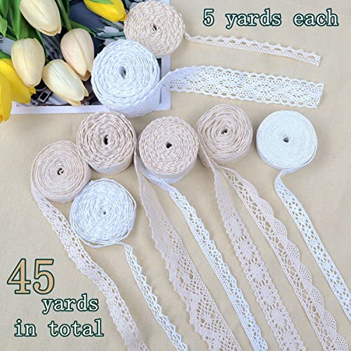 Ribbon Lace 45 Yards Vintage Ribbon Cotton Lace Ribbon Craft Lace Crochet Sewing Lace For Gift Package Wrapping, Bridal Wedding Decoration, Scrapbooking Supplies (Beige+White) #TOP2