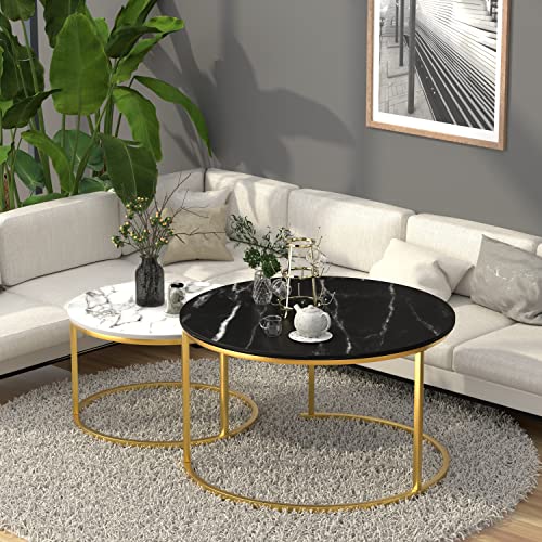 Vilawlence Marble Nesting Golden Coffee Table 31.5In Large Set Of 2, Steel Frame Circular And Round Wooden Tables 31In, Living Room Bedroom Apartment Modern Industrial Simple Nightstand #TOP3
