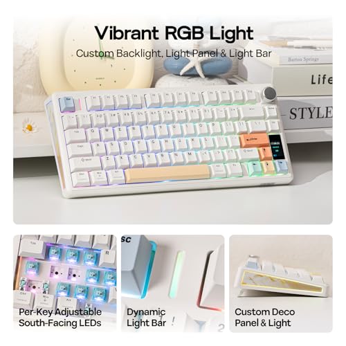 Image of EPOMAKER TH80 V2 PRO Wireless Gaming Keyboard with Screen&Knob, 10000mAh, 2.4Ghz /BT /USB-C, RGB, Hot Swap, Custom Driver, NKRO, PBT Keycap, Mechanical Keyboard for PC /Mac (White, Creamy Jade)
