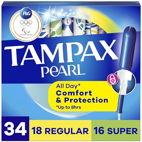 Tampax Pearl Tampons for Women Multipack, with LeakGuard Braid, Regular/Super Absorbency, Unscented, 34 Count