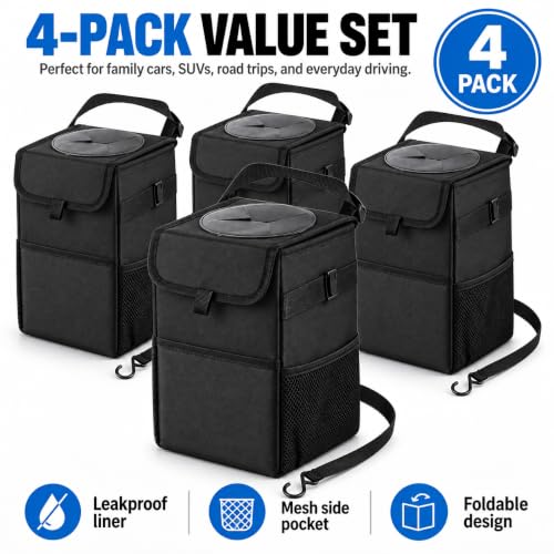 Cute Car Trash Can with Lid – 4Pack Multipurpose Collapsible Trash Bin for Car, Leak-Proof Organizer, Waterproof Garbage Can with Storage Pockets & Adjustable Straps, 2 Gallons (Black) image 5
