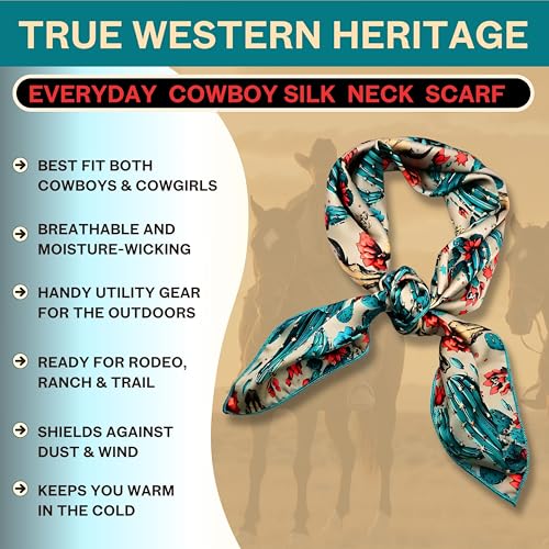 Wild Rag Silk Scarf 36'', Western Cowboy Bandana Square Silky Wild Rags,Grey Teal Cactus Tibal Scarves for Men & Women2