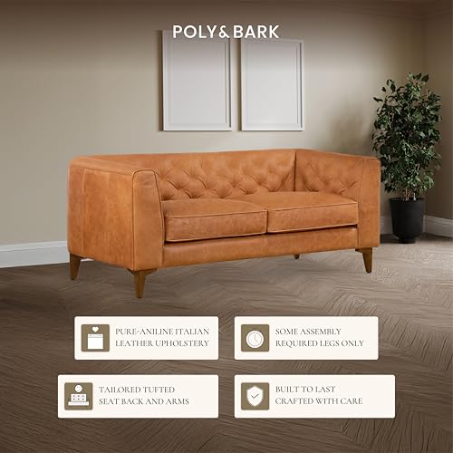 Image of Poly & BARK Essex 74 inch Leather Apartment Sofa - Mid-Century Tufted Design, Full-Grain Italian Leather, Feather-Down Cushions, Cognac Tan