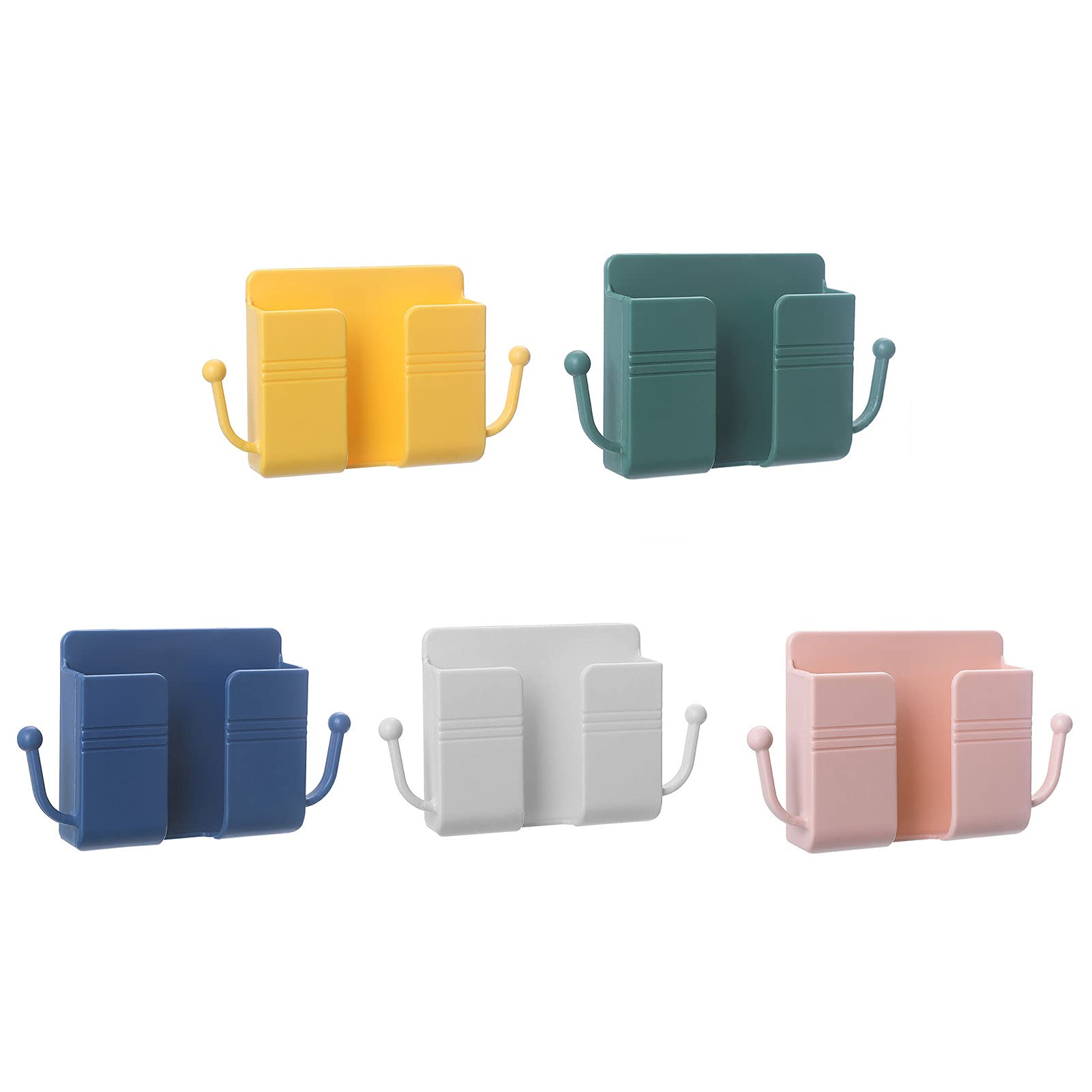 MEALENBESK 5 Pcs Wall Mounted Storage Box, Multi-function Self-adhesive Wall Phone Holder with Hooks, Household Remote Control Mobile Phone Charging Wall Storage Box