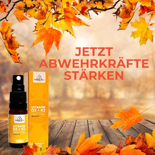 Premium Vitamin D3+K2 Spray - 1000 I.E. - liposomal für maximale Nährstoffaufnahme - vegan und hochdosiert - alkoholfrei - Three Hill Labs