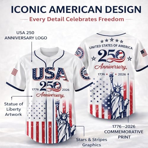 Camiseta de béisbol patriótica de aniversario 250 de USA con estampado Estatua de la Libertad y bandera, botones, talla X-Large miniatura 4