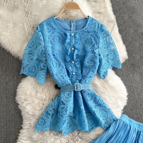 Women Vintage Skirt Suit 2 Piece Sets Womens Slim Waist Lace Blouse High Waist Pleated Skirts Suit3