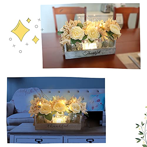 Mason Jar Centerpiece For Table - Besuerte Country Kitchen Decor With Thankful Farmhouse Box, Led String Light & Decorative Flowers For Home Kitchen Utensil Holder, Coffee Table Display #TOP6