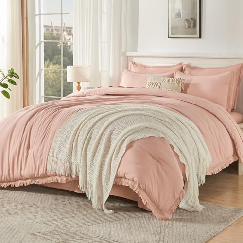 Image of Andency Pink Full Size Comforter Set with Sheets - 7 Pieces Boho Tassel Bed in a Bag Soft Lightweight Bedding Sets, Pink Fringe Bed Set with Comforter, Sheets, Pillowcases & Shams