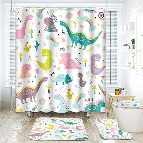 Arttown Dragon Dinosaurs Bathroom Sets with Shower Curtain and Rugs and Accessories, Colorful Rainbow Pink Shower Curtain Sets, Cute Funny Kids Shower Curtains for Bathroom Decor 4 Pcs Cover