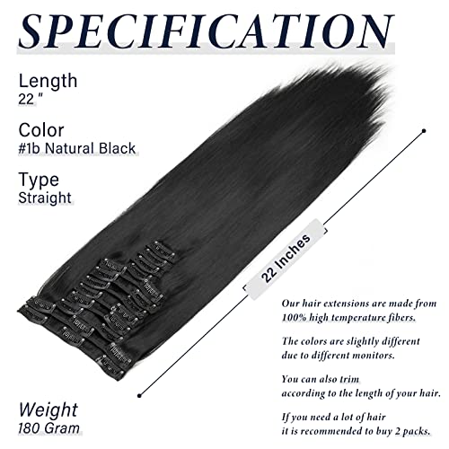 22 Inch Long Straight Clip in Hair Extensions 180 Grams 12PCS Clip in Synthetic Fiber Hair Extensions Natural Black Full Head Double Weft Hairpieces for Women - Image 3