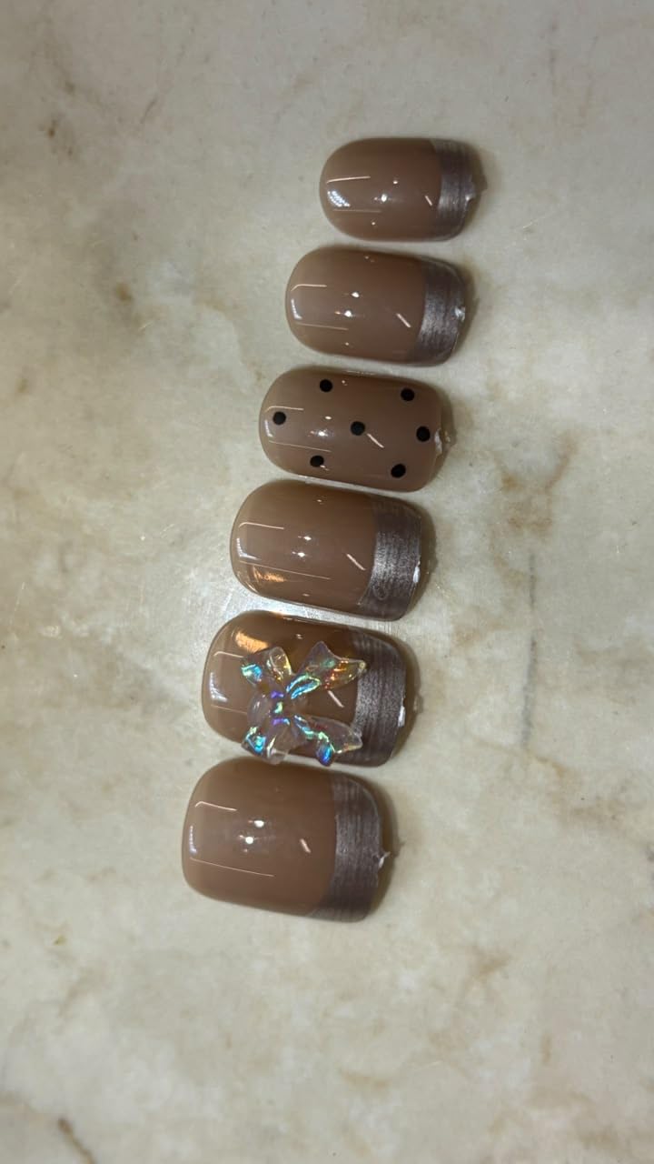 TheBlingNails | Premium Handmade Luxury Gel Nails, Short Square Nude French Tip with Bow & Polka Dots Elegant Stick -On Nail Kit for Women & Girls| Reusable Nails| Lightweight & Long Lasting| High Glossy Finish| Salon-Style Nails at Home| Crafted in our BlingNails Studio for salon quality results.-image-22