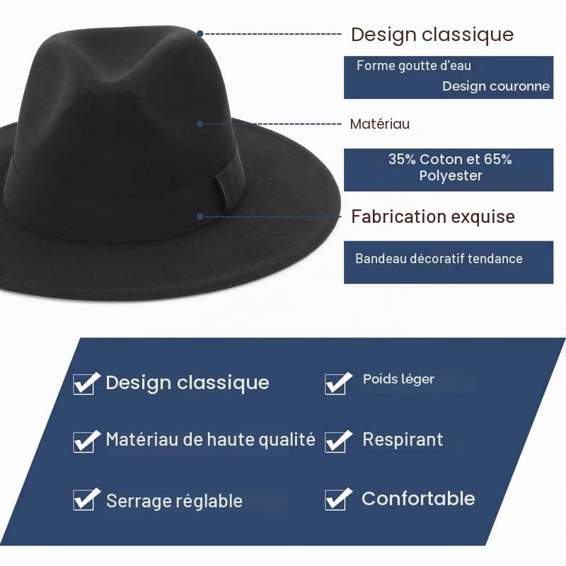 GEMVIE Chapeau en feutre pour homme et femme Fedora Large Bord Panama Chapeau Bogart