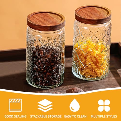 Glass Jar with Airtight Acacia Wood Lid 1000Ml Vintage Glass Kitchen Storage Counter Sealed Jar 35Oz Decorative Glass Food Storage Containers for Candy Flour Oats Coffee Bean (Begonia + Sunflower) - Cosy Home Interiors Glass Jar with Airtight Acacia Wood Lid 1000Ml Vintage Glass Kitchen Storage Counter Sealed Jar 35Oz Decorative Glass Food Storage Containers for Candy Flour Oats Coffee Bean (Begonia + Sunflower) - Image 3