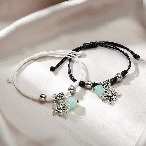 Image of Spider Bracelets for Couple Friendship Couples Bracelets Adjustable Braided Rope Energy Stone Charm Bracelets Matching Bracelet Halloween Party Jewelry (Black+White)