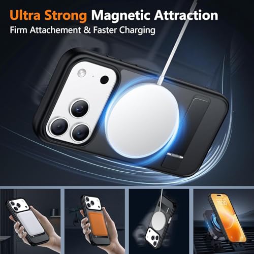 Image of Elzzi Translucent Matte Kickstand Case for iPhone 17 Pro, Built-in Adjustable Camera Stand, Magnetic MagSafe Shockproof Phone Cover (Black)