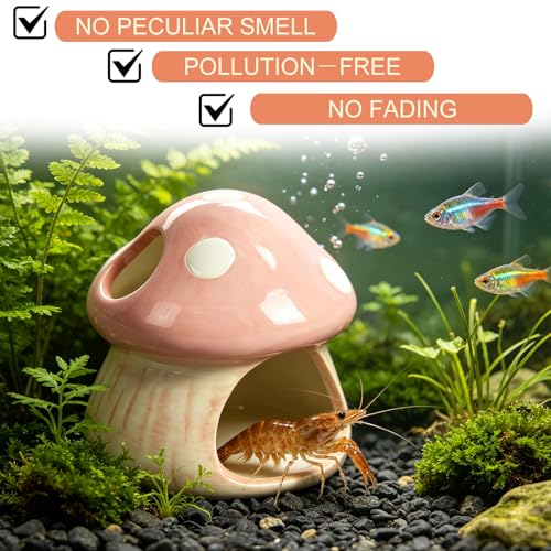 Image of Ceramics Mushroom House Aquarium Decor, Betta Fish Tank Accessories Landscape Decoration, Small Shrimp Goldfishes Habitat Hut Pleco Smalland Breeding Hide Caves Toad House - Pink