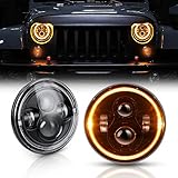 DOT Approved 7 Inch LED Halo Headlights for Jeep Wrangler JK TJ LJ 1997-2018, CREE LED Chip, 80W 9600 Lumens Hi/Lo Beam with DRL Amber Turn Signal Light and Halo Ring Angel Eyes 2PCS(White+Yellow)