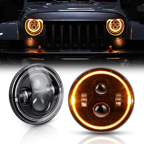 DOT Approved 7 Inch LED Halo Headlights for Wrangler JK TJ LJ 1997-2018, CREE LED Chip, 80W 9600 Lumens Hi/Lo Beam with DRL Amber Turn Signal Light and Halo Ring Angel Eyes 2PCS(White+Yellow)