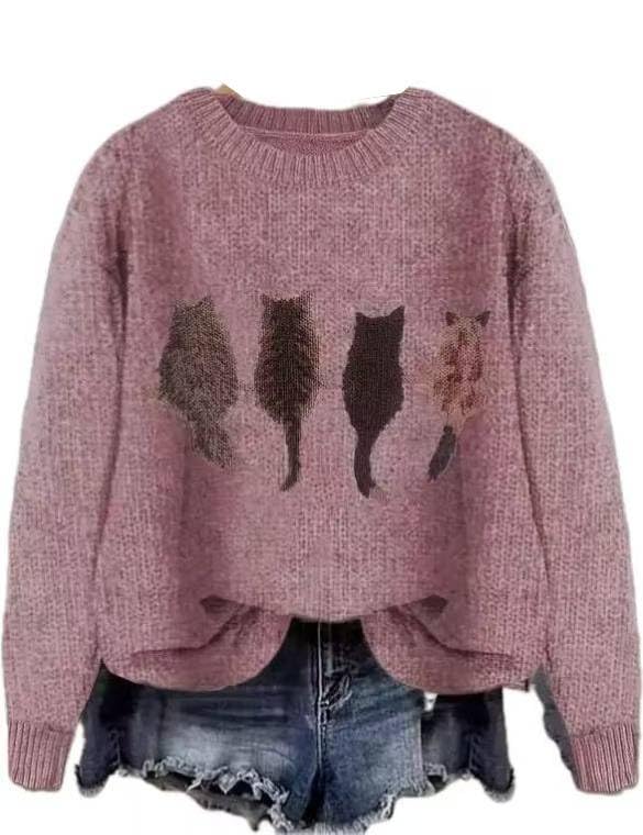 Crew Neck Cat Sweaters for Women Graphic Sweater Long Sleeve Knitted Casual Fall Knit Pullover Tops