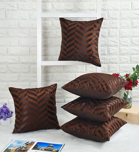 Image of TEXIVA Premium Velvet Cushion Covers Set of 5, 16x16 Inch Sofa Cushion Covers with Hidden Zipper, Modern Chevron Pattern - Dark Brown