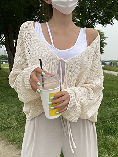 Image of Floerns Women's Drop Shoulder Tie Front Cardigan V Neck Long Sleeve Solid Sweater