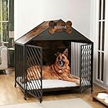Dog Crate Furniture, 100cm Wooden Dog Crate with Wheels & Cushion for Large Dogs, 220 Lbs Capacity Heavy Duty Indoor Dog Kennel, Gable Roof Design Cage, Chew-Proof Double Lockers Pet House