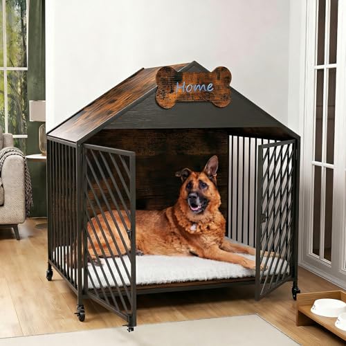 Dog Crate Furniture 100cm Wooden Dog Crate with Wheels & Cushion for Large Dogs 220 Lbs Capacity Heavy Duty Indoor Dog Kennel Gable Roof Design Cage Chew-Proof Double Lockers Pet House