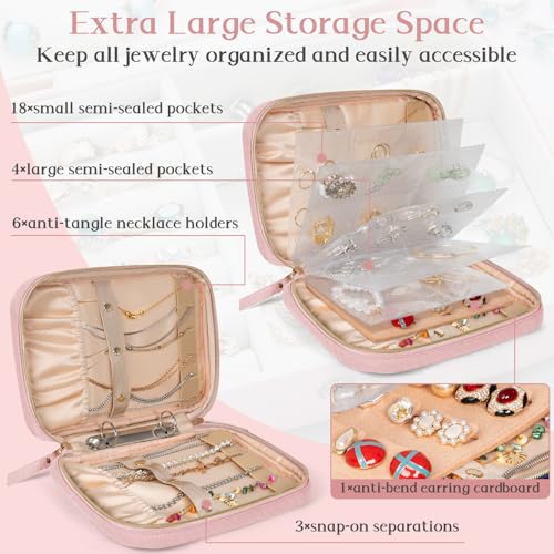 Image of Travel Jewelry Box, Small Zipper Jewelry Boxes, Portable Jewellery Storage Holder Display, Storage Ring Binder, for Rings, Earrings, Necklaces, Bracelets, Pink