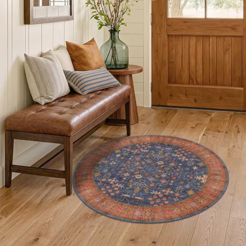Washable Navy Blue 3ft Small Round Rugs for Entryway, Living Room - Non Slip Soft Area Rug for Kitchen, Bathroom, Bedroom, Terracotta Boho Geometric Southwestern Style Low Pile Stain Resistant Carpet