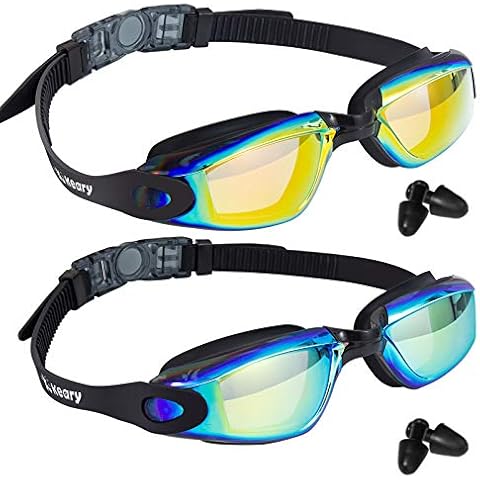 Keary Swim Goggles 2 Pack Anti-Fog Swimming Goggles for Adult Women Men Youth Junior Kids 6-14, No Leak UV Protection Waterproof Mirrored Lens Triathlon Pool Goggles with 3 Size Nose Pieces & Earplugs Cover