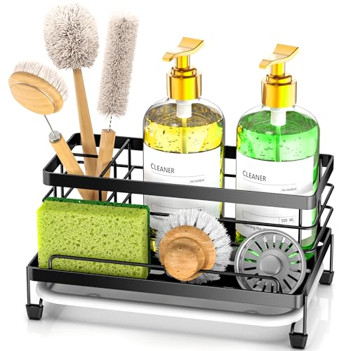 Cisily Porte-éponge d'évier, organisateur d'évier avec plateau d'égouttement, antirouille et antidérapant, porte-éponge, ustensiles de cuisine