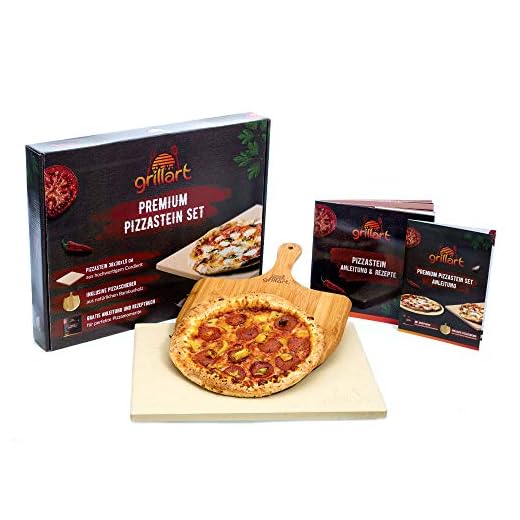 grillart® Premium pizzasten för gasgrill, kolgrill och ugn i en uppsättning – högkvalitativ pizzasten rektangulär inklusive pizzaspade och receptbok – även perfekt som brödbaksten