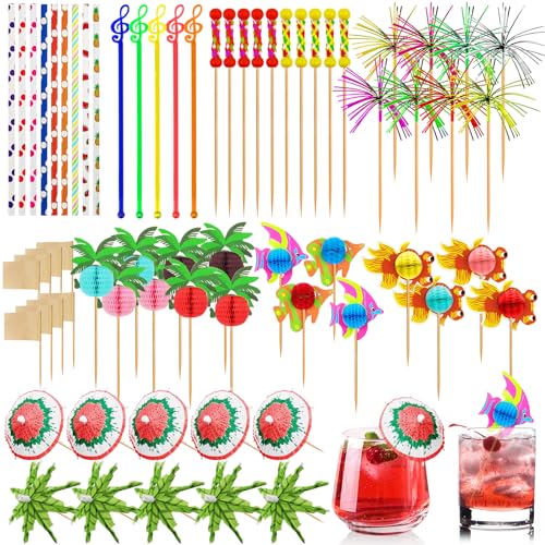 Bohoray 179pcs Cocktail Accessories for Drinks,Cocktail Party Decorations with Cocktail Umbrella Cocktail Sticks Sparklers Flamingo Paper Straws,for Hawaiian Party Decorations,Beach Bar Accessories