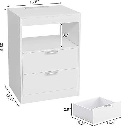 Miniatura 3 de ADORNEVE Mesita de noche LED blanca con estación de carga inalámbrica, 2 cajones, moderna mesa auxiliar de dormitorio con luces LED, mesa de noche