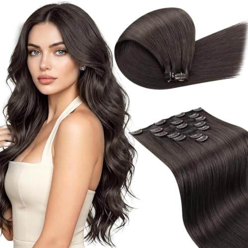 Image of LaaVoo Human Hair Clip in Extensions Cool Brown | Real Hair Clip ins for Wedding, Quick Volum, Double Weft, Straight Hair 16inch 7pcs 120g