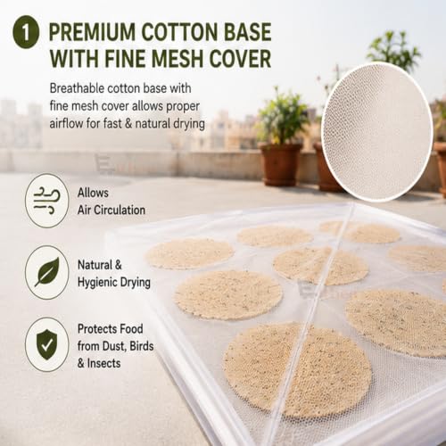 Image of EITHEO Food Drying Net with Zip Cover | Cotton Papad Drying Cloth for Papad, Vadagam, Chillies, Herbs & Spices | Breathable, Washable & Reusable | Bird & Dust Protection | White | Pack of 1 24x36 Inch