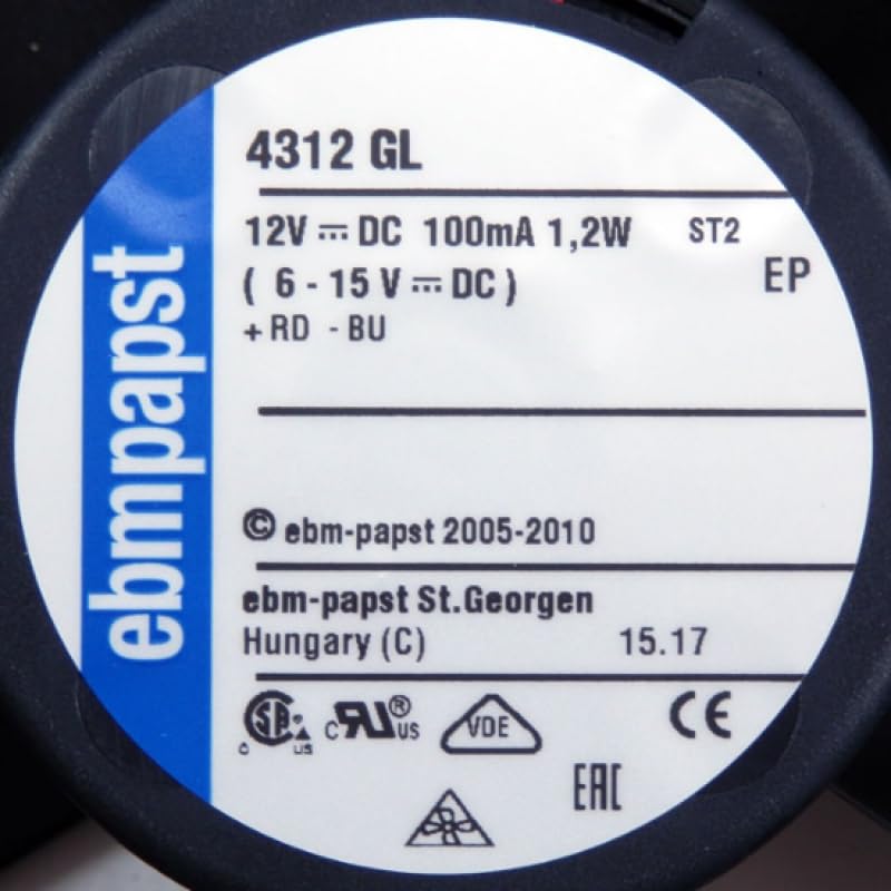 EBMPapst 12VDC 119x119x32mm 55.9CFM 30dB Low Speed Axial Ball Bearing Fan 4312GL