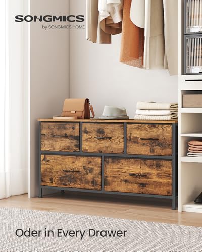 Image of SONGMICS BELLAH Collection - Dresser for Bedroom, Chest of Drawers, Storage Organizer Unit, Closet, Entryway, Steel, 5 Drawers, Industrial, Rustic Brown and Ink Black ULGS322B02S