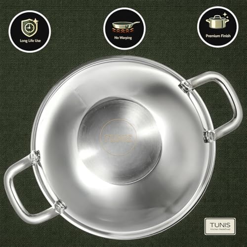 Image of TUNIS 24 Cm Triply Stainless Steel Kadai with Lid | Dual Handles Deep Kadhai Wok for Frying, Cooking, Sabzi, Curries & Indian Kitchen