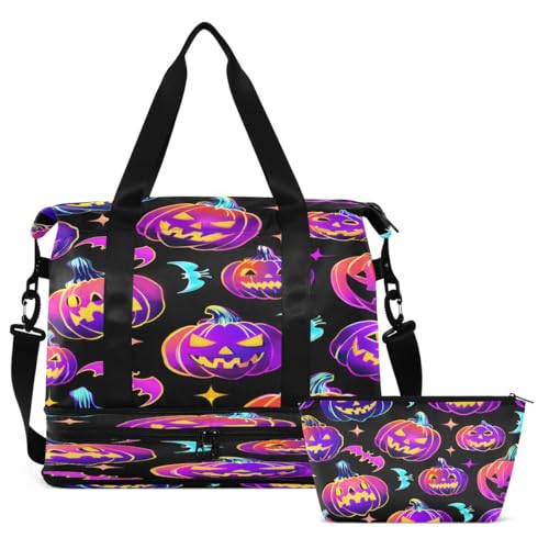 ALAZA Blue Pumpkin Bat Duffel Bag with Shoe Compartment Tote Bag Weekender Overnight Bag with Wet Pocket for Travel,Gym,Yoga,Swimming2