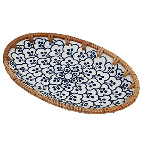 Hemoton Ceramic Dessert Plate Vintage Style Fruit Salad Snack Holder Rattan Oval Porcelain Tray Floral Dinnerware Plate for Home Kitchen