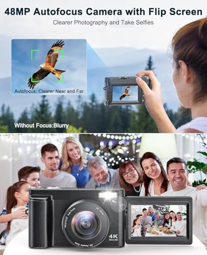 Image of 48MP 4K Digital Camera for Photography & Video, Autofocus, Anti-Shake, 16X Zoom, 3 inch 180 Flip Screen, Vlogging Camera for YouTube with Flash, 32GB Card & Battery Charger - Black