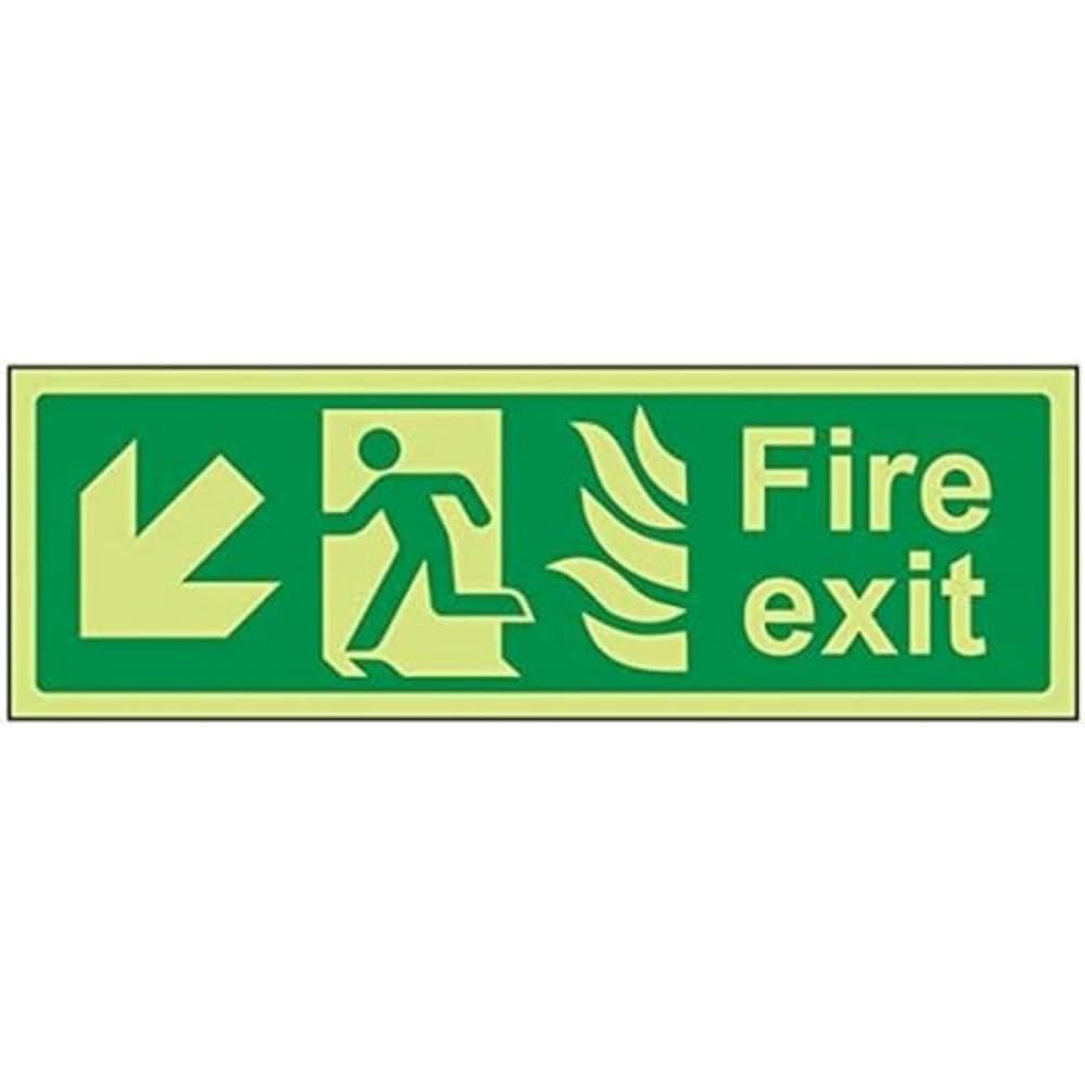 V Safety Glow In The Dark NHS Fire Exit Arrow Down Left Sign - 300mm x 100mm - Rigid Plastic