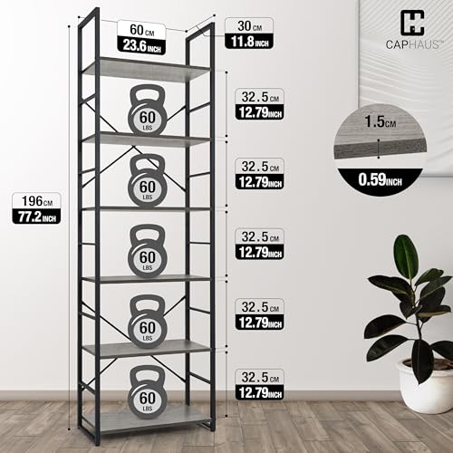 Image of CAPHAUS 6 Tier Bookshelf, 24 Inch Width Free Standing Shelf, Bookcase Shelf Storage Organizer, Industrial Book Shelves for Home Office, Living Room, Kitchen, Dark Grey Vintage Shelves & Metal Frame