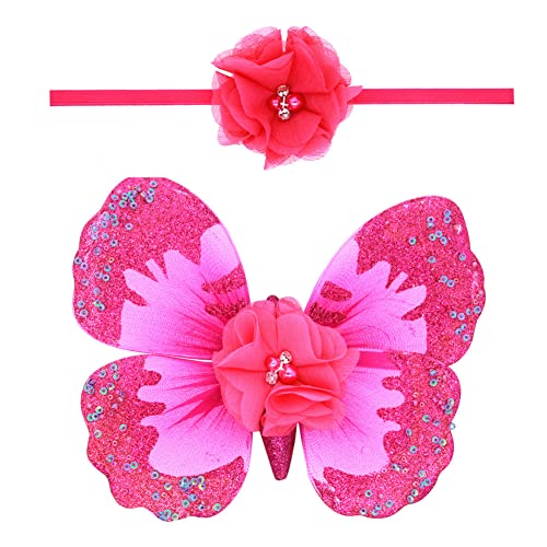 Butterfly Wings and Halo Headband Fairy Princess Costume Photography Props Shoot Outfits for Birthday (Hot Pink)