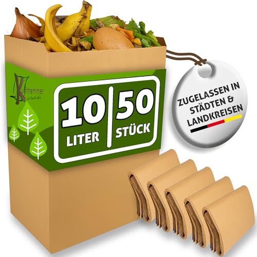 Biomüllbeutel 10L I 50Stk Bio Müllbeutel plastikfrei I Biomüllbeutel Papier nass & reißfest I Papiertüten für Biomüll I Biomülltüten Papier