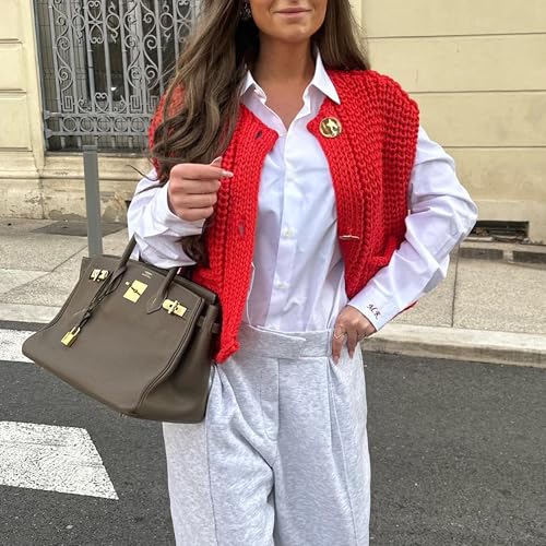Image of Hixiaohe Womens Crochet Chunky Knit Top Sleeveless Button Down Crop Tops Trendy Cardigan Sweater Vest for Women with Pockets