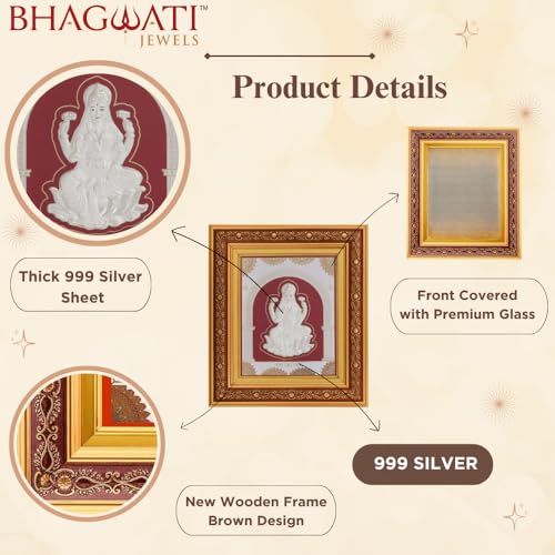 Image of 999Pure Silver Laxmiji Frame | Divine Home Decor | Wall Mount Square Photo for Gift, Wooden PhotoFrame for Temple & OfficeDecor, SilverGift Items | hangingframe (10.50 inch x 9 inch Inch)